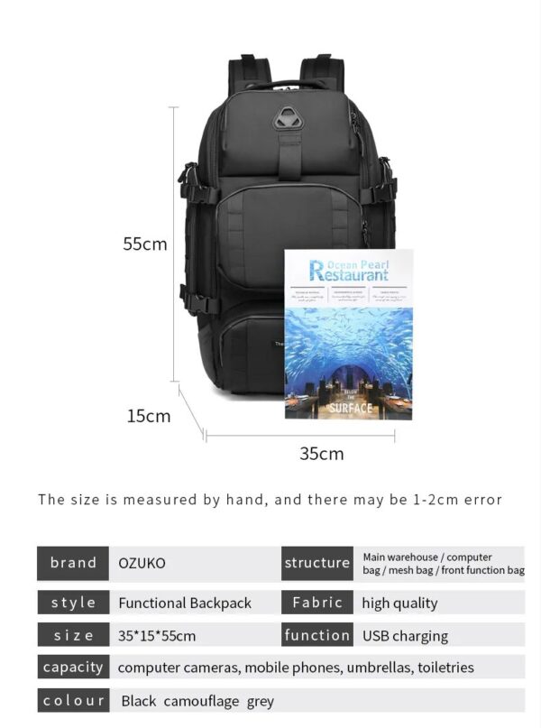 Ozuko-9386 Large Capacity 45L Premium Laptop 16" High Quality Travel Backpack - Image 5